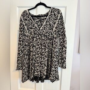 Free People Like You Best Black & White Floral Mini Long Sleeve Dress, Lace, M